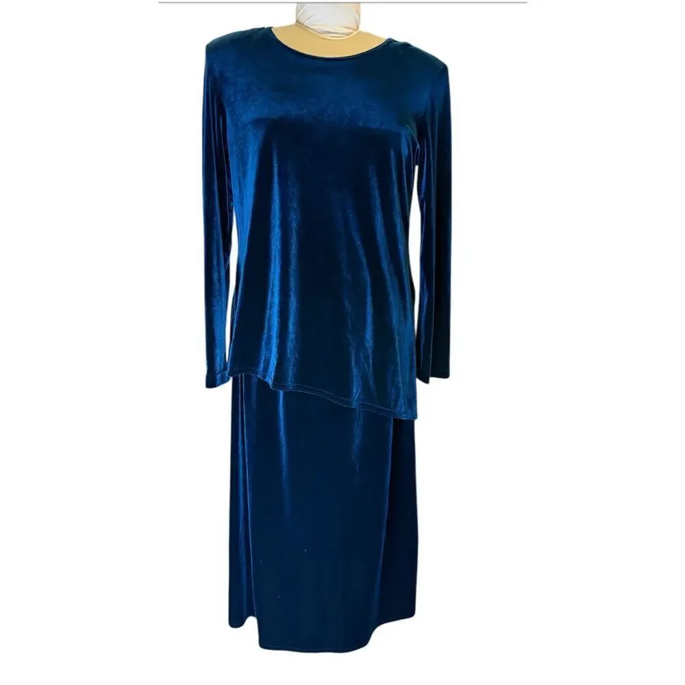 K Studio Velvet Tunic & Skirt Set Sz. 14 Teal Flattering Confortable